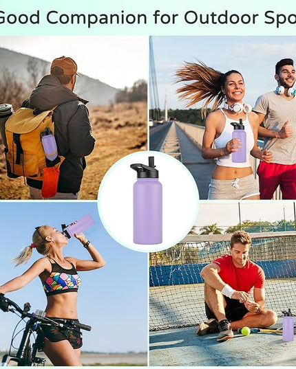DOMICARE 40 oz Insulated Water Bottle Bulk, Vacuum Insulated Stainless Steel Sports Water Bottle with Straw Lid & Spout Lid, Leakproof, Reusable - Travel, Camping, Bike, Purple (4 Pack)
