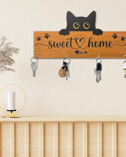 Yhtmbf Cat Sweet Home Wooden Key Holder for Wall - 5"x10" Key Organizer Hanger with 4 Hooks for Front Door Hallway Entryway Kitchen - Home Office Decor & Housewarming Gifts Supplies - A07