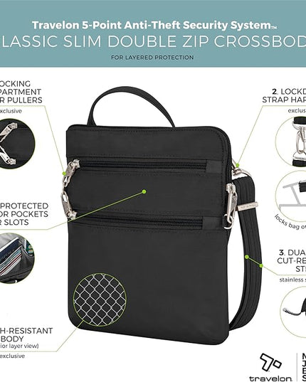 Travelon Anti-theft Classic Slim Double Zip Crossbody
