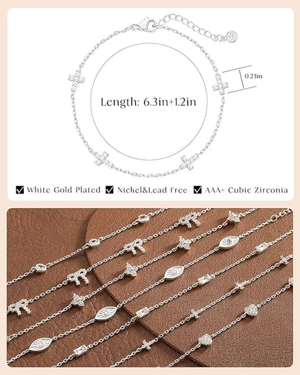 FUNEIA Dainty Silver Gold Bracelets for Women Trendy Non Tarnish 14K Gold Plated Waterproof Diamond Bracelets Cute Stackable Heart Butterfly Clover Cross Evil Eye Charm Bracelet Stack Jewelry Gifts
