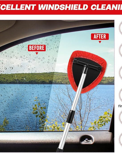 Baderke 10 Pcs Windshield Cleaner Tool Car Window Cleaning Supplies with Extendable Handle Include 6 Washable Microfiber Bonnets 2 Empty 60ml Spray Bottle Glass Wiper Kit(Red)