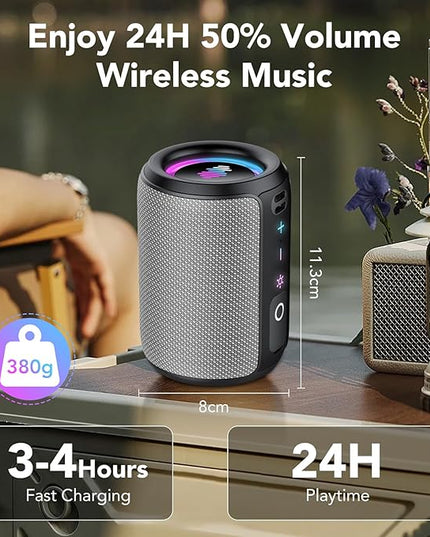 Portable Bluetooth Speaker with Lights, Bluetooth 5.4 Speaker, Powerful Crystal Clear Sound,15W Loud Stereo Sound, All Day Playtime,IPX7 Waterproof,TWS pairing for Outdoor/Travel/Party/Home,Gray