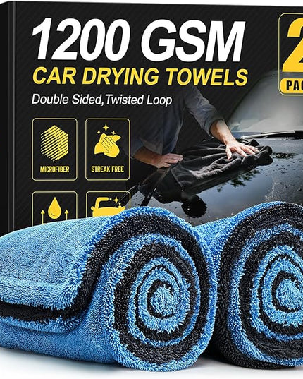 2-Pack 1200 GSM Car Drying Towels – Microfiber Towels for Cars (36" x 24"), Ultra-Absorbent, Streak-Free, Scratch-Free, No Water Spots, Double-Twist Pile & Edgeless Design(Blue)