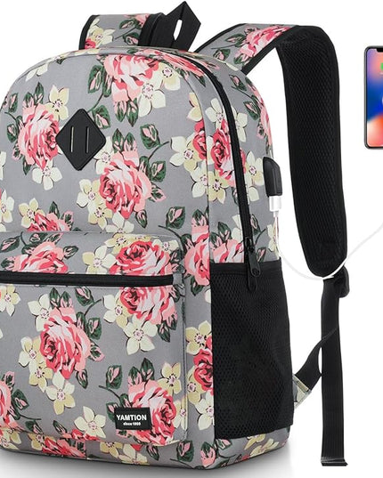 School Backpack Women and Teen Girl,Classic Bookbag Schoolbag with USB Port for High School College Office Work Travel 15.6 inch Gray Flower