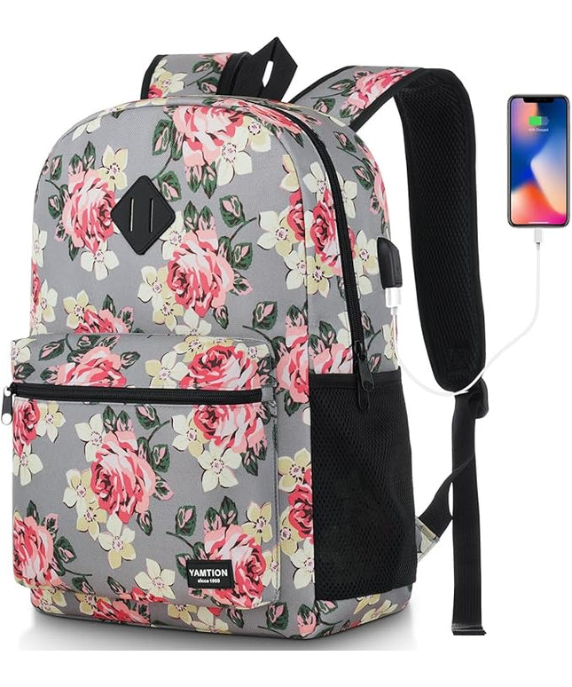 School Backpack Women and Teen Girl,Classic Bookbag Schoolbag with USB Port for High School College Office Work Travel 15.6 inch Gray Flower