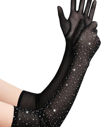 BABEYOND Mesh Gloves for Women - Long Rhinestone Tulle Sheer Sparkly Elbow Length Stretchy Accessory for Opera Party