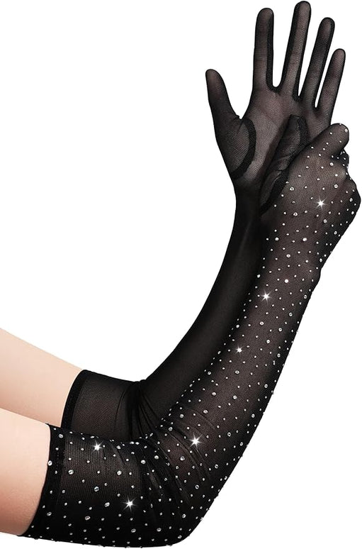 BABEYOND Mesh Gloves for Women - Long Rhinestone Tulle Sheer Sparkly Elbow Length Stretchy Accessory for Opera Party