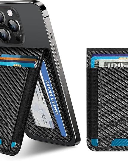 Phone Wallet Stick On, Phone Wallet with Adjustable Stand, Open ID Window, 8-Card Holder, Stronger 3M Adhesive Credit Card Holder for Back of Phone Case, iPhone, Samsung and Android, Carbon Fiber
