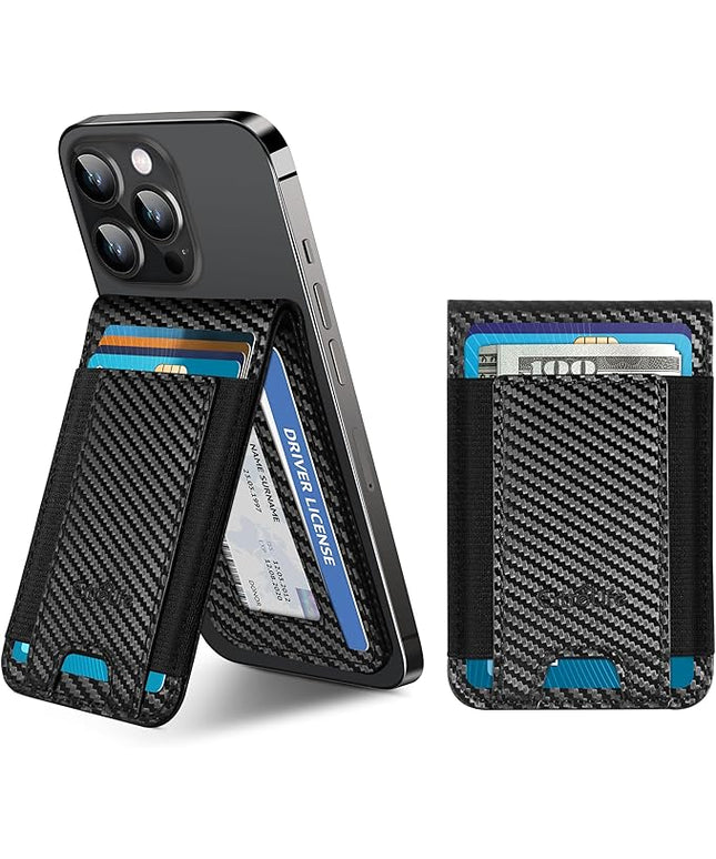 Phone Wallet Stick On, Phone Wallet with Adjustable Stand, Open ID Window, 8-Card Holder, Stronger 3M Adhesive Credit Card Holder for Back of Phone Case, iPhone, Samsung and Android, Carbon Fiber
