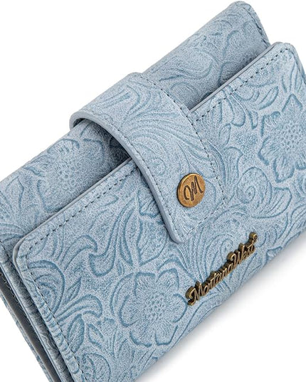 Montana West Small Wallet Women's Embossed Floral Wallet Trifold RFID Wallets Ladies Female Western Credit Card Cash Wallets Jeans Blue with ID Window