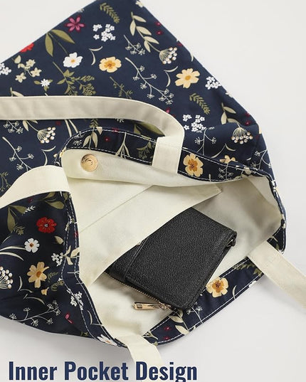 Floral Cotton Canvas Tote Bag for Women: 14x15 Inches Reusable Grocery Bag for Work, School, Travel, Gym