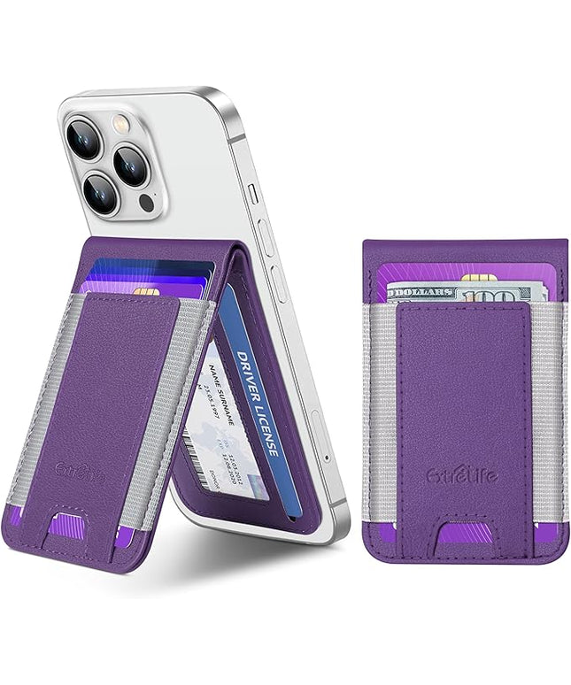 Phone Wallet Stick On, Upgraded Phone Wallet with Adjustable Stand, Open ID Window, 8-Card Holder, Stronger 3M Adhesive Credit Card Holder for Back of Phone Case, iPhone, Samsung and Android, Purple