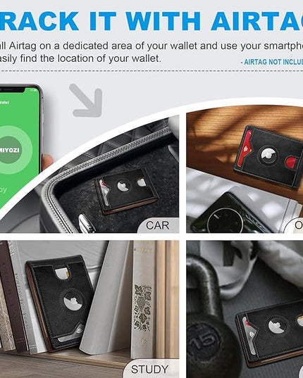 miyozi Airtag Wallet for Men,with Cash Pocket 2 ID Window 13 Cards,Slim Leather Wallet Front Pocket Card Holder RFID Blocking with Gift Box