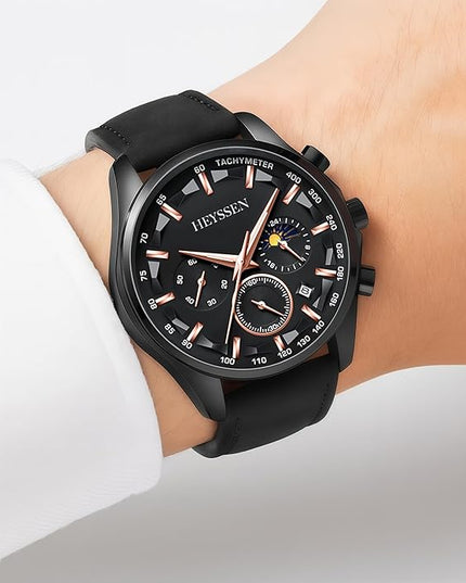 Watches for Men Chronograph Analog Luminous Quartz Watch Blue Black Luxury Genuine Leather Mens Watches Business Sports Waterproof Wristwatch Elegant Gift for Him