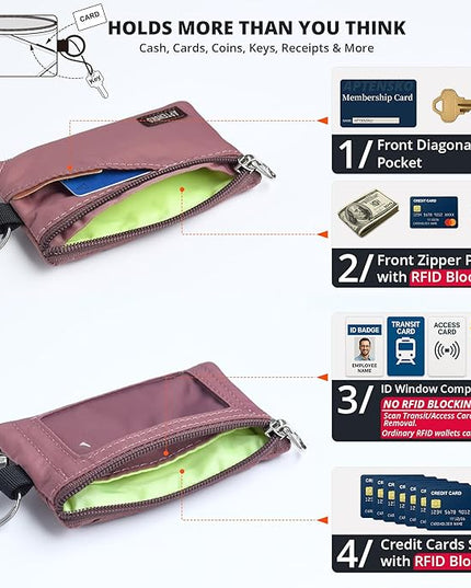 RFID Travel Wallet with Adjustable Lanyard-Zipper Small Wallet with ID Card Holder, Keychain for women&men-Minimalist Slim Waterproof Nylon case for ID, Cash, Key (Warm Mauve)