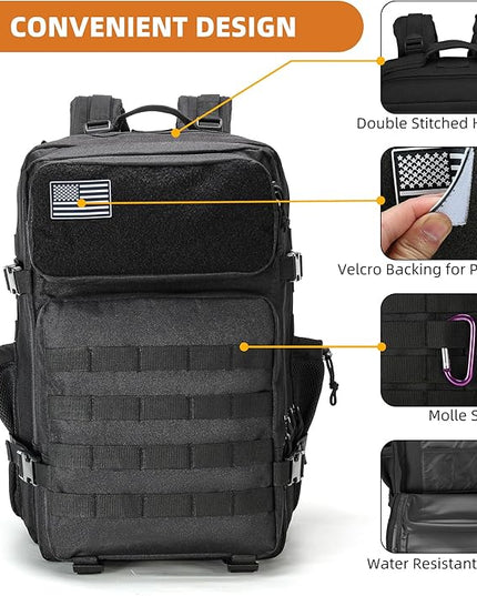 gracedon Military Tactical Backpack for Men and Women Army Camping Daypack Bug out Bag 45l Asault Pack for Travel Hiking (Black)