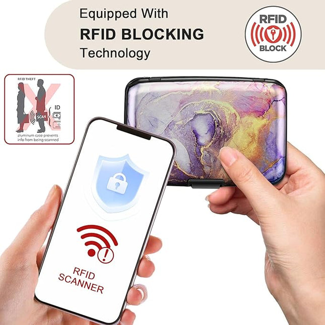 ELFISH Mini RFID Aluminum Wallet Credit Cards Holder Business Card Case Metal ID Case for Men Women（Light Purple Marble