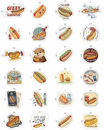 100Pcs Hot Dog Stickers Funny for Water Bottle - Hot Dog Party Decorations, Favors - Food Stickers - Gift for Women & Men