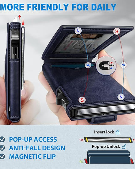miyozi Airtag Wallet for Men Money Clip 9-Card Pop-Up Credit Card Holder with ID Window RFID Blocking Metal Case Magnetic Closure Front Pocket Wallet Gift Box