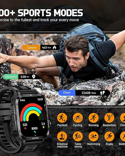 Military Smart Watches for Men (Answer/Make Calls) with Powerful Flashlight 1.96" HD, Outdoor Tactical Smartwatch with Big Battery 880mAh Sport Modes Health Monitor 3ATM for iPhone/Android (Black)