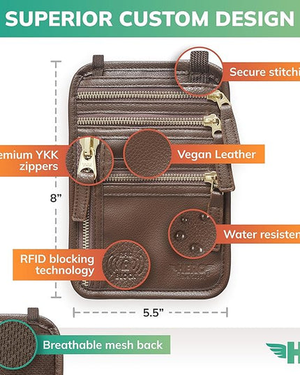 HERO Neck Wallet, RFID Blocking Passport Holder, Vegan Leather Travel Pouch (Brown)