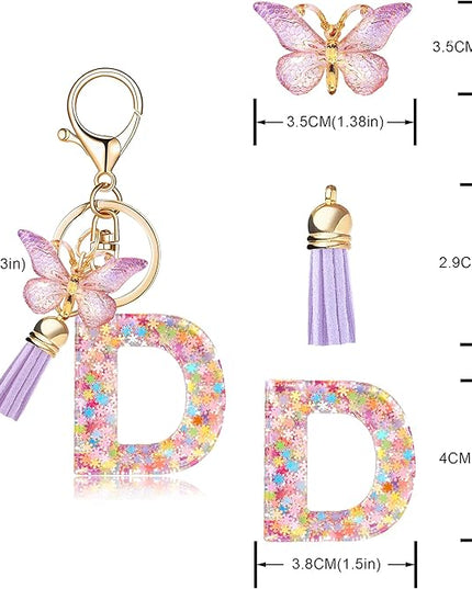 Fashion Alphabet Initial Letter Keychain Tassel Butterfly Pendant Key Ring for Purse Handbags Women Girl