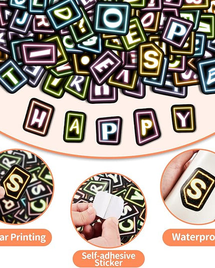 70 Pcs Alphabet Neon Stickers for Kids, Vinyl Letters A-Z Water Bottle Decals for Teens, Waterproof Skateboard Decor for Adults Kids Girls Boys