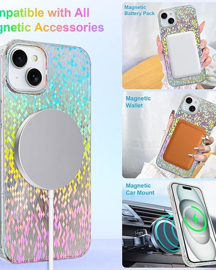 Glitter Case for iPhone 15 Plus & iPhone 14 Plus Case for Women Girls [ Compatible with Magsafe ] Clear Cute Girly Aesthetic Colorful Iridescent Sparkly Bling Magnetic Protective Phone Cover