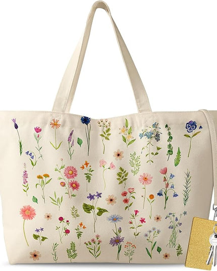 Large Tote Bag for Women - Aesthetic Cute Big Canvas Bags with Zipper Cotton Shoulder Bag for Gym, Travel, Work