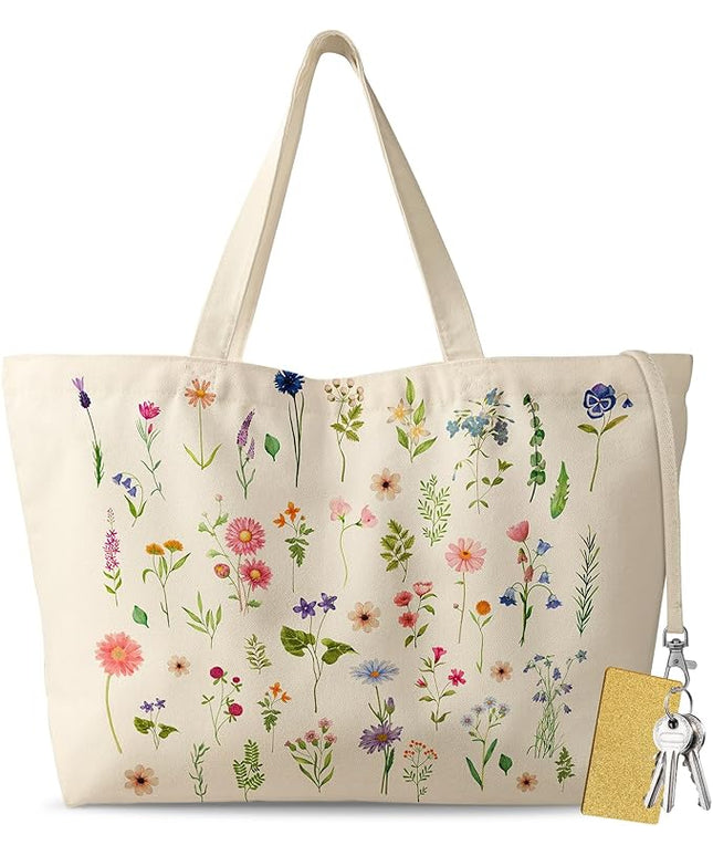 Large Tote Bag for Women - Aesthetic Cute Big Canvas Bags with Zipper Cotton Shoulder Bag for Gym, Travel, Work
