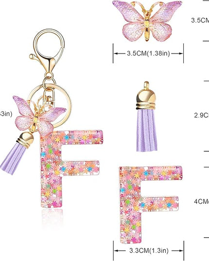 Fashion Alphabet Initial Letter Keychain Tassel Butterfly Pendant Key Ring for Purse Handbags Women Girl