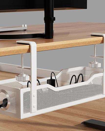 Under Desk Cable Management Large, Cinati 16" Cable Management Box for Table Thickness up to 3", Wire Cord Organizer with Clamp No Drill, No Damage to Desk (White)