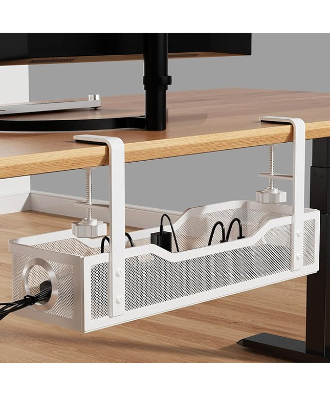 Under Desk Cable Management Large, Cinati 16" Cable Management Box for Table Thickness up to 3", Wire Cord Organizer with Clamp No Drill, No Damage to Desk (White)