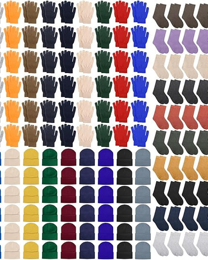 Hillban Winter Beanie Hat Gloves Set with Warm Socks Bulk, Homeless Knitted Beanie Cap Thick Thermal Winter Gloves Socks Pack