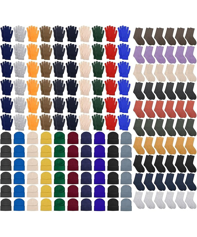 Hillban Winter Beanie Hat Gloves Set with Warm Socks Bulk, Homeless Knitted Beanie Cap Thick Thermal Winter Gloves Socks Pack