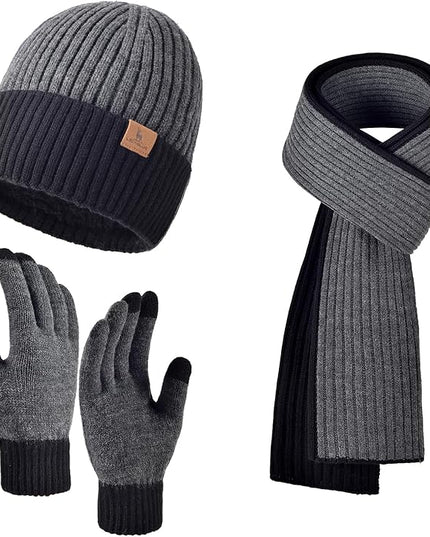 Men Women Winter Beanie Hats Scarf with Touchscreen Gloves Warm Knit Themal Gloves Long Scarf Set with Fleece Lined