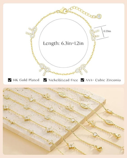 FUNEIA Dainty Silver Gold Bracelets for Women Trendy Non Tarnish 14K Gold Plated Waterproof Diamond Bracelets Cute Stackable Heart Butterfly Clover Cross Evil Eye Charm Bracelet Stack Jewelry Gifts