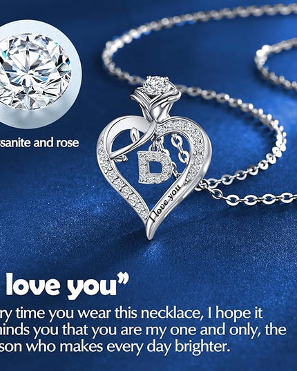 Rose Heart Pendant Necklace Gifts for Wife, Engraved 'I love you' Gift for Wife Girlfriend, Anniversary Birthday Eternity Jewelry Present for Women, Moissanite Necklace Gift for Her