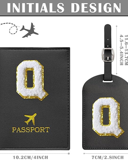 COSHAYSOO Black Passport Cover Holder and Initial Luggage Tag Set TSA Approved with Personalized Monogram Chenille Letter Patch for Women Teen Girls Couples, Preppy Travel Bag Suitcase Identifier (Q)