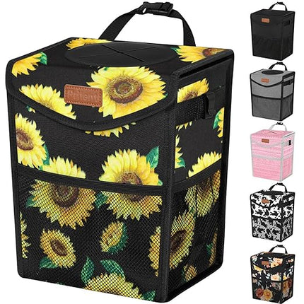 Car Trash Can with Lid, Cute Leakproof Car Trash Garbage Bag Hanging Vehicle Trash Bin Small Portable Automotive Garbage Cans Organizer for Back/Front Seat/Console(2.8 Gallons,Sunflower)