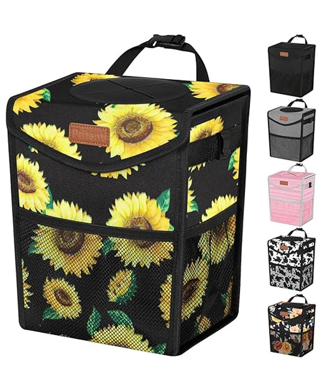Car Trash Can with Lid, Cute Leakproof Car Trash Garbage Bag Hanging Vehicle Trash Bin Small Portable Automotive Garbage Cans Organizer for Back/Front Seat/Console(2.8 Gallons,Sunflower)