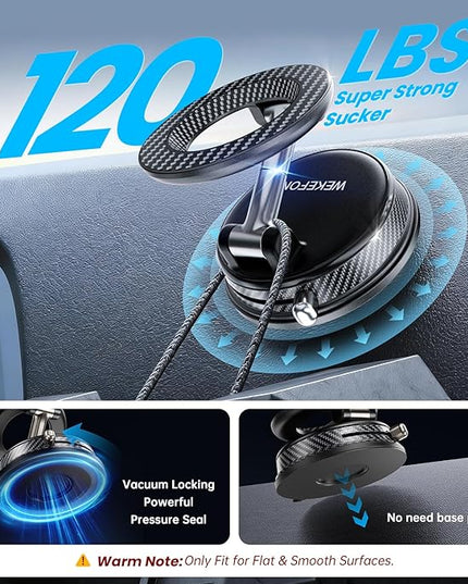 Upgraded Car Phone holder for Magsafe [120LBS Suction Cup & 3000gf Magnet ] 1100° Adjustable Vacuum Magnetic Phone Holders for Your Car, Dashboard Car Mount Bracket for iPhone & Android, Carbon Fiber