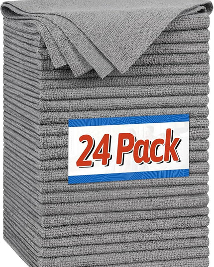FIXSMITH Microfiber Cleaning Cloth, Shop Towels Bulk, 24 Pack Grey Microfiber Towels for Cars, All-Purpose Absorbent Cleaning Rags, Dust Cloth for Automotive, Mechanic, Garage, Bar, 12 x 11 inch