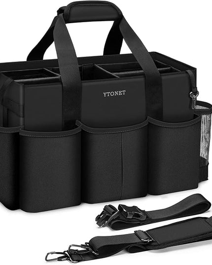 Ytonet Extra Large Cleaning Caddy Bag with 4 Foldable Dividers, Wearable Cleaning Caddy Organizer with Handle & Shoulder Strap & Waist Strap, Housekeeping Tote for Cleaners, Black Grey