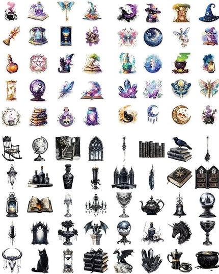 100 Pcs Mystical Witchy Magic Transparent Stickers, Potion Witchcraft Supplies Sticker,Dark Aesthetic Sticker for Adults,Scrapbooking,Journaling,Planner, Laptops (Dark Witchy)