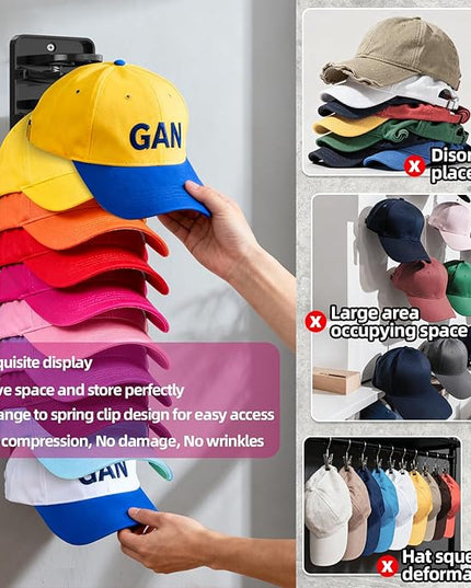 Flizubat Spring Clip Hat Organizer for Baseball Caps – 2 Pack, Wall Hat Rack for Door & Closet – Keeps 20 Hats Tidy in Garage, Dorm, Man Cave – Multi-Layer Cap Storage (Adhesive or Screws)