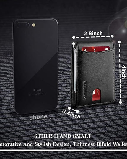 RUNBOX Slim Wallet for Men Genuine Leather RFID Blocking Bifold Minimalist Front Pocket Mens Wallet with Money Clip Thin Gift Box