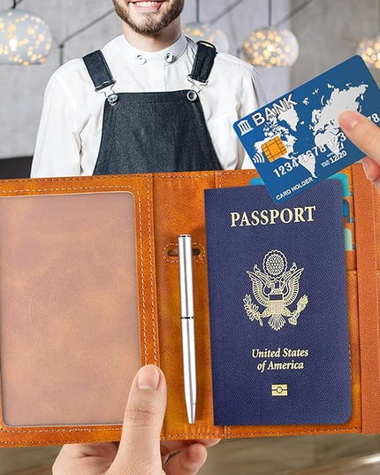 ACdream Passport and Vaccine Card Holder Combo, Cover Case with CDC Vaccination Card Slot, Leather Travel Documents Organizer Protector, with RFID Blocking, for Women and Men, C - Yellow & Plane, C