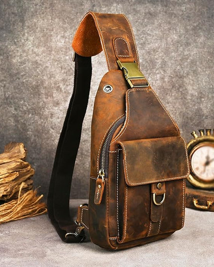 Genuine Leather Hiking Travel DayPack Sling Crossbody Triangle Chest Pack Bag For Men Women 8241