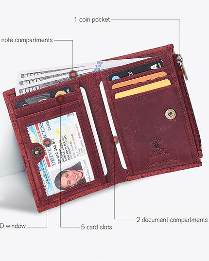 Oak Leathers Leather Wallet For Women - Small RFID Coin Purse Credit Card & ID Holder for Ladies, Gift for Women's, Bifold Wallets (Crazy Horse Red)